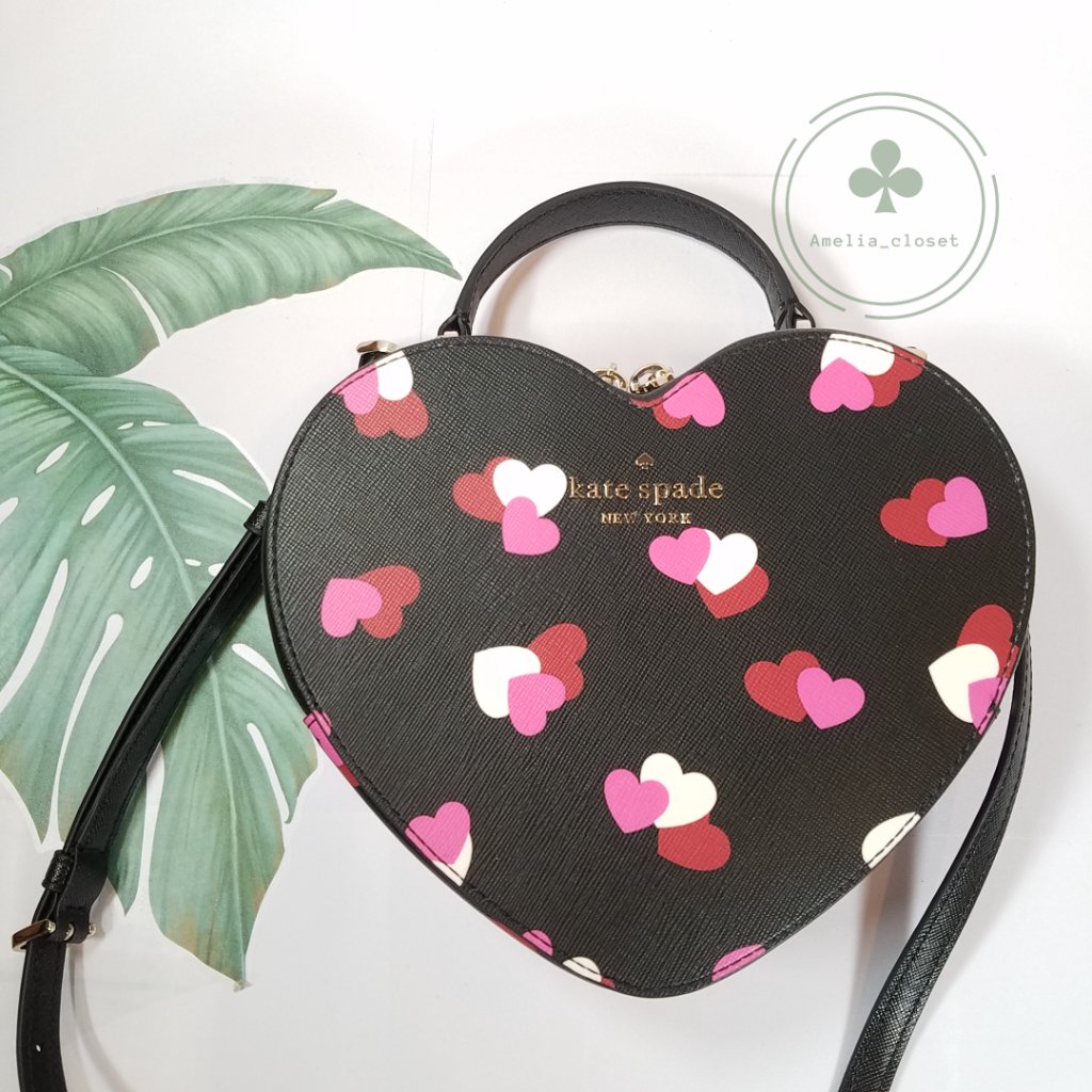 Nwt Kate Spade New York Love Shack Flutter Black Pink Hearts Printed Heart Purse